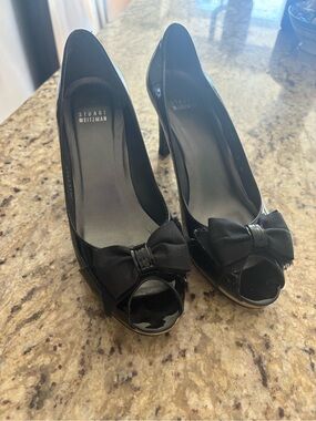Stuart Weitzman Black Patent Peep-Toe Heels with Bow Accent
